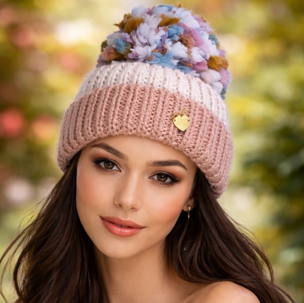 BETSEY JOHNSON Metallic Knit Pastel Pink Pom Pom Beanie Hat